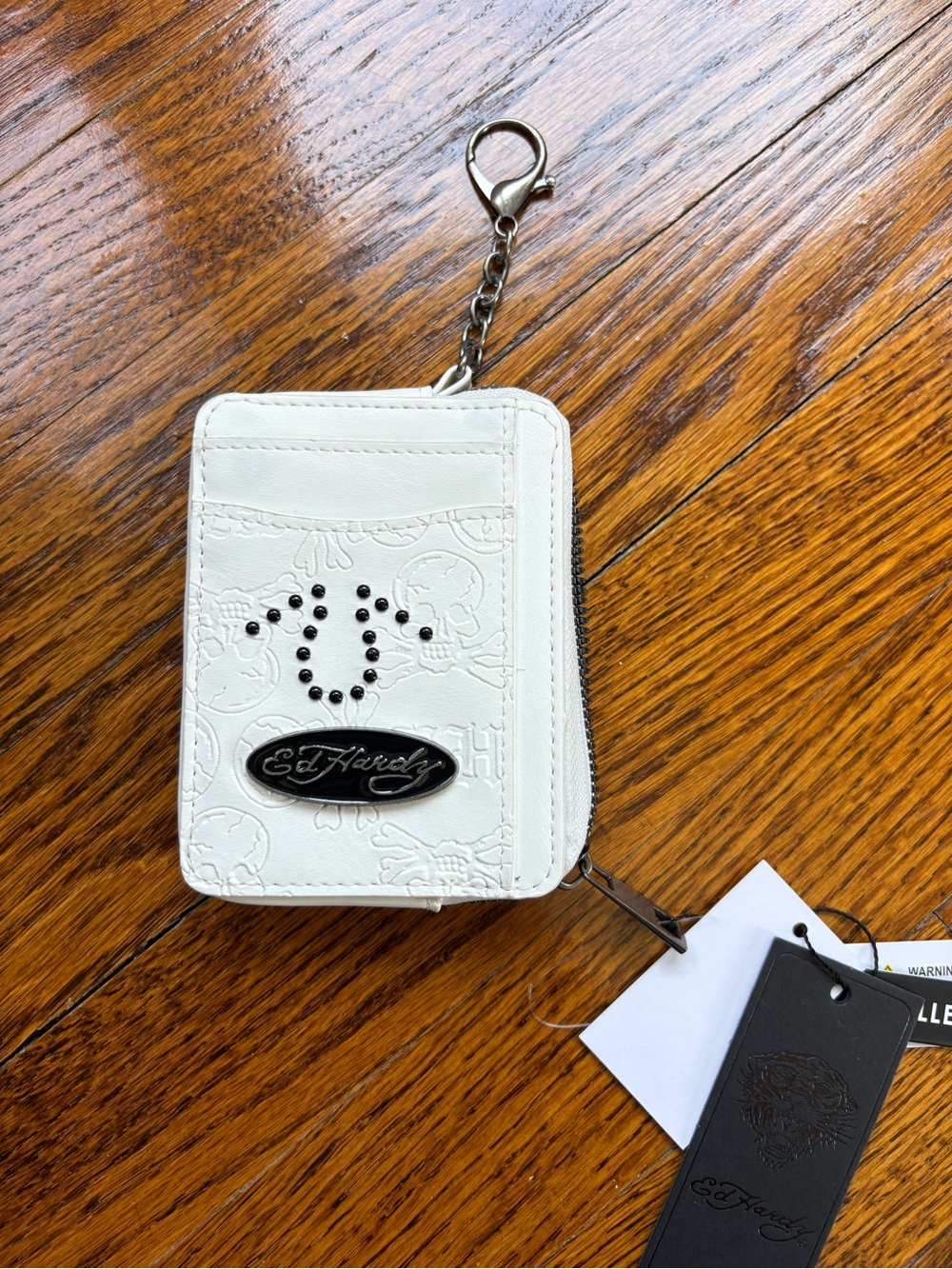 Ed Hardy White Embossed Zip Card Wallet with Keychain